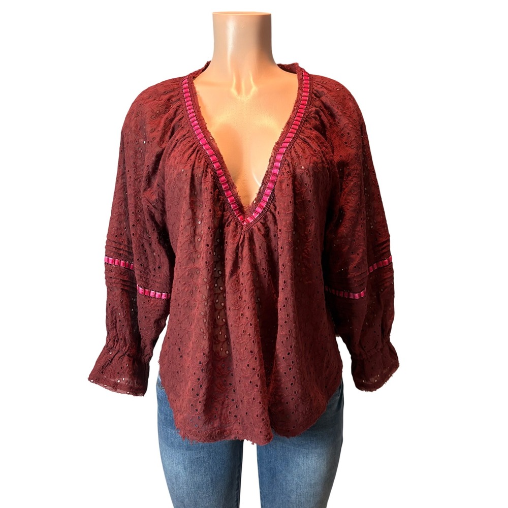 Free People Darcy Eyelet Embroidered VNeck Burgundy Boho Blouse Pink Trim Size M